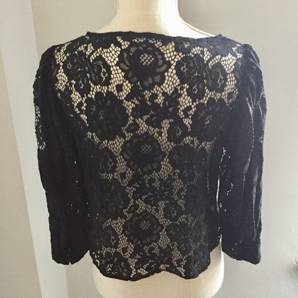 Zara Black Lace Oversized Crop Top Blouse  3/4 Bell Puff Sleeves XS - Picture 2 of 5